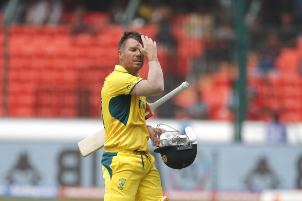HYDERABAD, INDIA - OCTOBER 3: David Warner of Australia makes their way off after being dismissed during the ICC Men's Cricket World Cup India 2023 warm up match between Pakistan and Australia at Rajiv Gandhi International Stadium on October 3, 2023 in Hyderabad, India. (Photo by Pankaj Nangia/Getty Images)