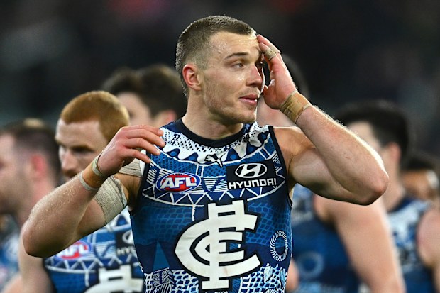 MELBOURNE, AUSTRALIA - MAY 21: Patrick Cripps of the Blues looks dejected after losing the round 10 AFL match between Carlton Blues and Collingwood Magpies at Melbourne Cricket Ground, on May 21, 2023, in Melbourne, Australia. (Photo by Quinn Rooney/Getty Images)