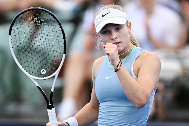 Emerson Jones of Australia celebrates a point in her match against Xinyu Wang of China.
