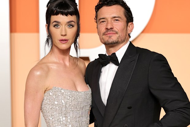 Katy Perry and Orlando Bloom at the 2025 Vanity Fair Oscar Party at Wallis Annenberg Center for the Performing Arts on March 2, 2025 in Beverly Hills, California.  