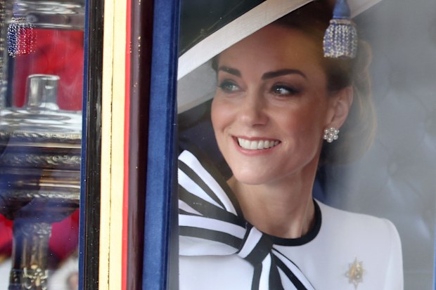 Catherine, Princess of Wales during Trooping the Colour at Buckingham Palace on June 15, 2024 in London, England. Trooping the Colour is a ceremonial parade celebrating the official birthday of the British Monarch. 