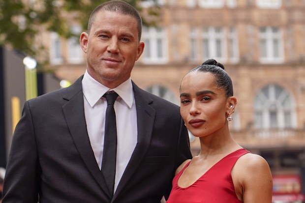 Channing Tatum and Zoe Kravitz pose for photographs at the Blink Twice premiere in London, Monday, Aug. 19, 2024. (Photo by Alberto Pezzali/Invision/AP)
