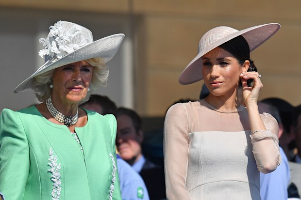 Meghan, the Duchess of Sussex, with Camilla, the Duchess of Cornwall, during a garden party at Buckingham Palace in London in 2018