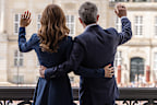 King Frederik X and Queen Mary of Denmark on the balcony of Frederik VIII's Palace at Amalienborg on King Frederik X's 57th birthday, Monday May 26 2025.