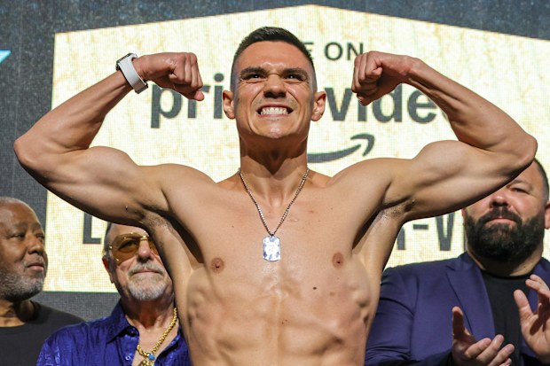 LAS VEGAS, NEVADA - JULY 18: Tim Tszyu poses during a ceremonial weigh-in at MGM Grand Garden Arena on July 18, 2025 in Las Vegas, Nevada. Tszyu is scheduled to challenge WBC super welterweight champion Sebastian Fundora for his title on July 19 at MGM Grand Garden Arena. (Photo by Ethan Miller/Getty Images)