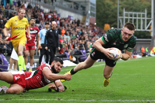 Ed Chamberlain of Ireland goes over to score their sides third try during the Rugby League World Cup 2021 Pool C match between Lebanon and Ireland at Leigh Sports Village on October 23, 2022 in Leigh, England. (Photo by Jan Kruger/Getty Images for RLWC)