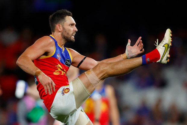 MELBOURNE, AUSTRALIA - MARCH 30: Jack Gunston of the Lions kicks a goal during the 2023 AFL Round 03 match between the Western Bulldogs and the Brisbane Lions at Marvel Stadium on March 30, 2023 in Melbourne, Australia. (Photo by Dylan Burns/AFL Photos)
