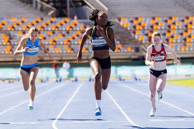 Charlotte Ehioghae winning the 100m final.
