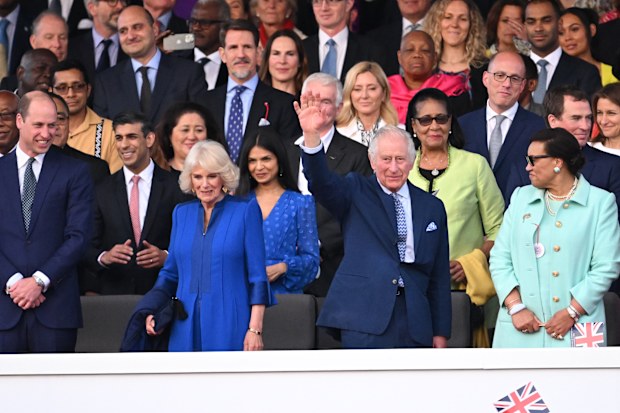 The Prince of Wales, Rishi Sunak, Camilla, Queen Consort, Akshata Murthy, King Charles III and Patricia Scotland during the Coronation Concert on May 07, 2023 in Windsor, England. 