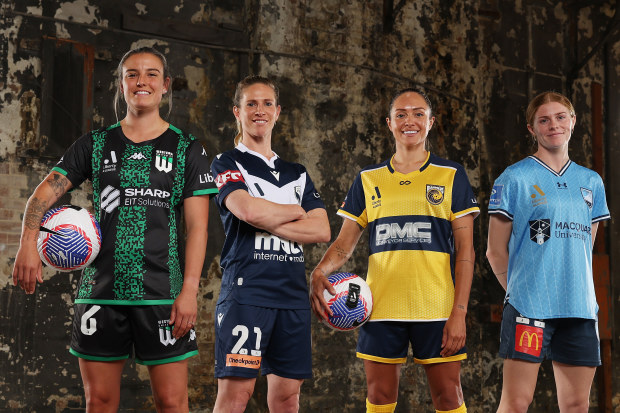 (From left) Chloe Logarzo of Western United, Elise Kellond-Knight of Melbourne Victory, Kyah Simon of Central Coast Mariners, and Cortnee Vine of Sydney FC pose during the A-Leagues season launch.