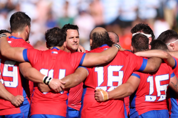 A general view as players of Chile huddle during the Rugby World Cup.