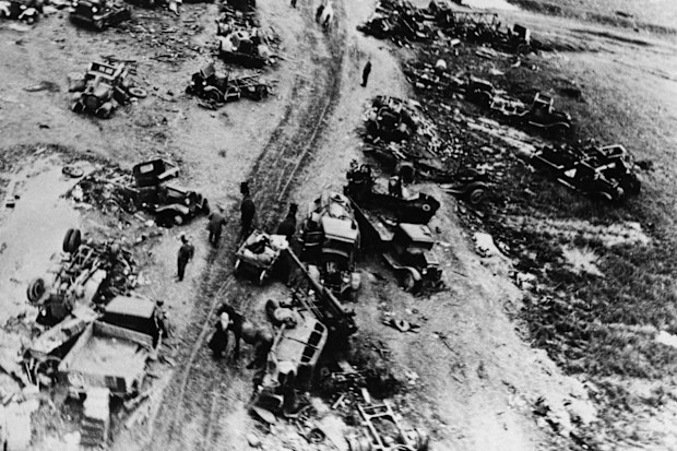 The roads within the Kiev encirclement, which the Soviet troops trod searching for an outlet or a weal spot in the German steel ring, are littered with destroyed vehicles, the remnants of a destroyed army, October 29, 1941. (AP Photo)