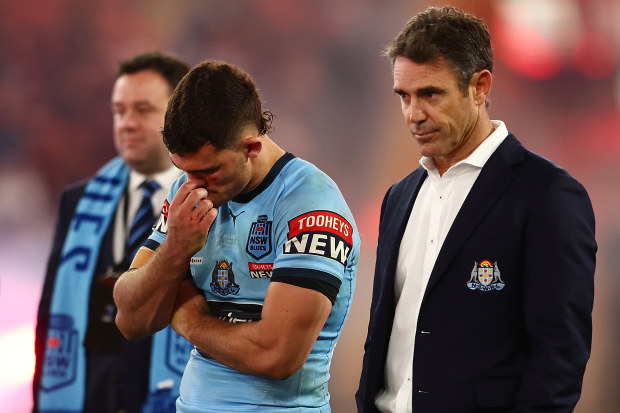 Blues coach Brad Fittler looks on with dismay on after losing game three of the State of Origin series.