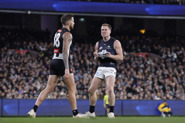 MELBOURNE, AUSTRALIA - JULY 28: Matthew Owies of the Blues celebrates a goal  during the round 20 AFL match between Collingwood Magpies and Carlton Blues at Melbourne Cricket Ground, on July 28, 2023, in Melbourne, Australia. (Photo by Darrian Traynor/Getty Images)