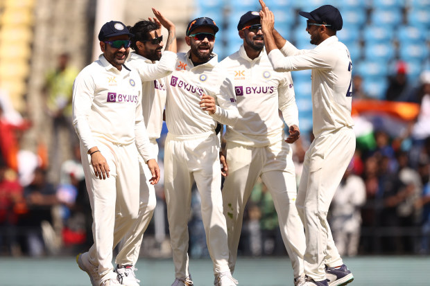 Ravindra Jadeja of India celebrates taking the wicket of Marnus Labuschagne of Australia. (Photo by Robert Cianflone/Getty Images)