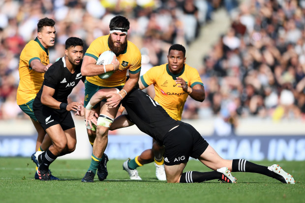 Liam Wright of the Wallabies is tackled during the Bledisloe Cup in 2020.