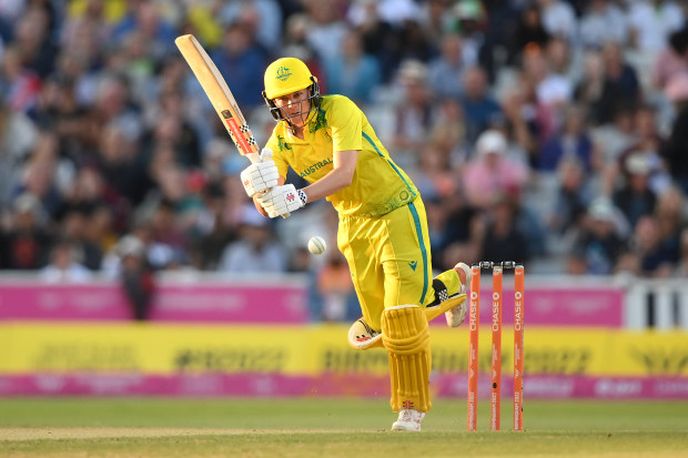 Tahlia McGrath of Team Australia hits runs during the Cricket T20 - Semi-Final match between Team Australia and Team New Zealand on day nine of the Birmingham 2022 Commonwealth Games at Edgbaston on August 06, 2022 on the Birmingham, England. (Photo by Alex Davidson/Getty Images)