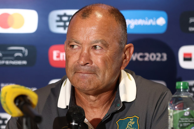 Austrlaia head coach Eddie Jones speaks to the media during a press conference ahead of their Rugby World Cup match against Portugal.