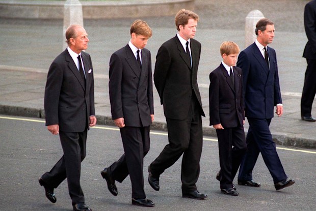 The Duke Of Edinburgh, Prince William, Earl Spencer, Prince Harry And The Prince Of Wales Following The Coffin Of Diana, Princess Of Wales  (Photo by Tim Graham Photo Library via Getty Images)