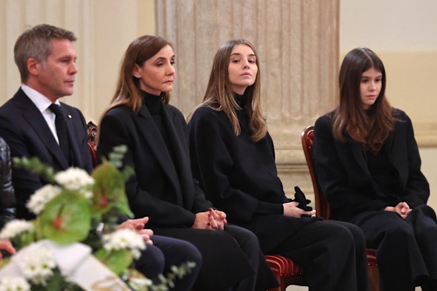Emanuele Filiberto, Duke of Savoy and Prince of Venice, Clotilde Courau, Princess Vittoria of Savoy and Princess Luisa of Savoy mourn the loss of H.S.R. Vittorio Emanuele of Savoy at Sant'uberto Chapel on February 09, 2024 in Turin, Italy. 