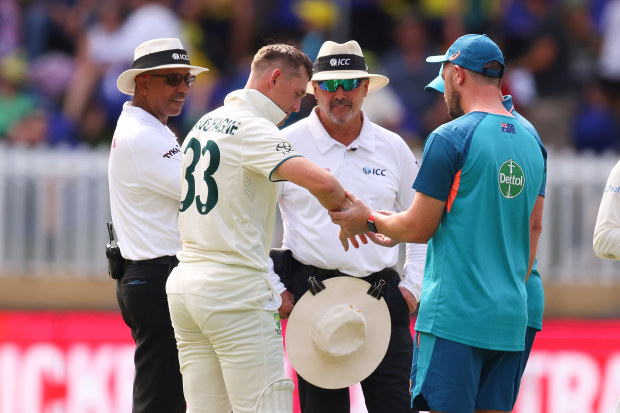 Marnus Labuschagne was treated after a knock to his finger.