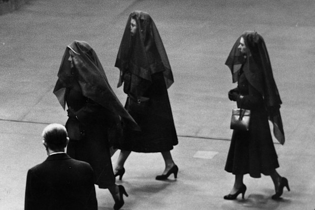 Queen Elizabeth the Queen Mother, Queen Elizabeth II and Princess Margaret Rose arrive for King George VI's funeral