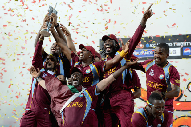 The West Indies players celebrate after beating Sri Lanka in the final of the 2012 T20 World Cup