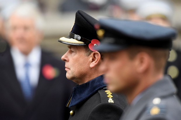 Prince Edward and Prince William, right, during the Remembrance Sunday service at the Cenotaph, in Whitehall, London, Sunday Nov. 14, 2021. (Toby Melville/Pool via AP)