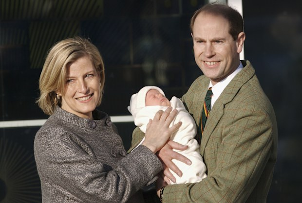 James, Earl of Wessex, then Viscount Severn, with his parents, then the Earl and Countess of Wessex, leaving hospital on December 20, 2007.