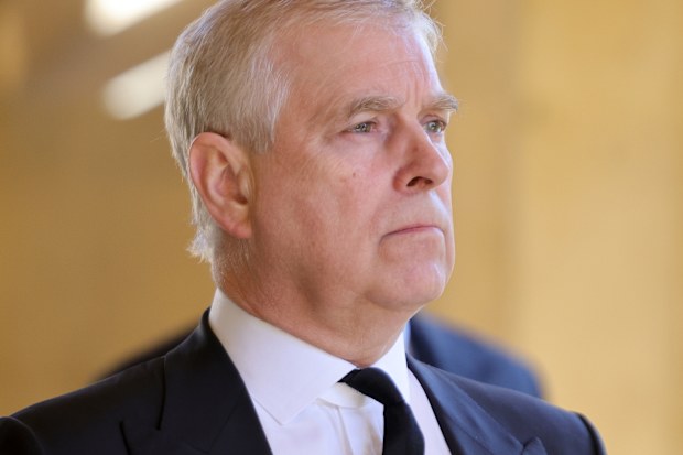 Prince Andrew, Duke of York during the funeral of Prince Philip, Duke of Edinburgh at Windsor Castle on April 17, 2021 in Windsor, England