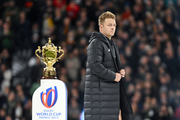 Sam Cane of New Zealand looks on as he walks past the Rugby World Cup.