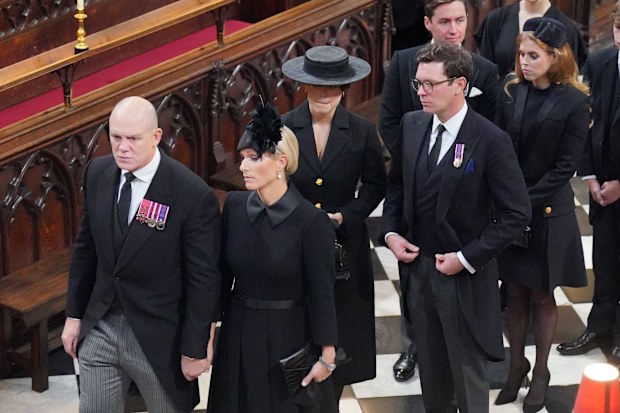 Mike Tindall and Zara Tindall, Princess Eugenie and Jack Brooksbank, Princess Beatrice and Edoardo Mapelli Mozzi, Lady Louise Windsor and James, Viscount Severn attend the State Funeral of Queen Elizabeth II, held at Westminster Abbey