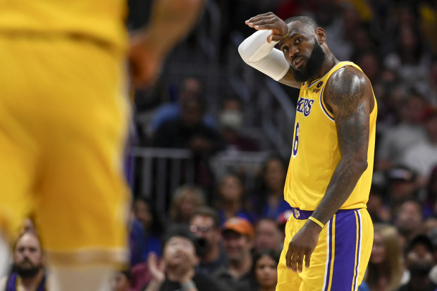 DENVER, CO - MAY 16: LeBron James (6) of the Los Angeles Lakers wipes his brow during the fourth quarter of the Denver Nuggets' 132-126 win at Ball Arena in Denver on Tuesday, May 16, 2023. The Nuggets took a 1-0 lead in the best-of-seven Western Conference Finals. (Photo by AAron Ontiveroz/The Denver Post)