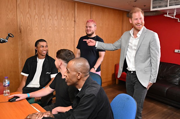 Britain's Prince Harry visits the Community Recording Studio (CRS) for the announcement of a substantial donation to Children in Need to help support their work tackling violence impacting young people, in Nottingham, England, Tuesday Sept. 9, 2025. (Paul Grover/Pool Photo via AP)