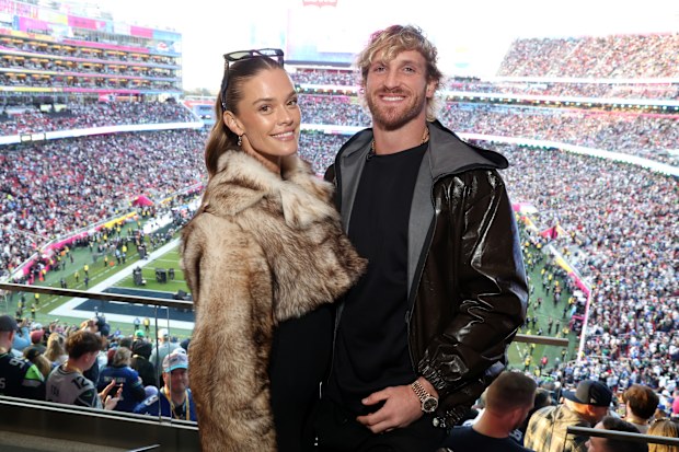 Nina Agdal and Logan Paul at the Super Bowl LX at Levi Stadium in Santa Clara at Levi's Stadium on February 8, 2026 in Santa Clara, California. 