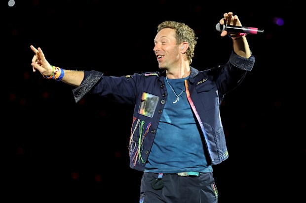Chris Martin of Coldplay performs on a stop of the band's Music of the Spheres world tour at Allegiant Stadium on June 06, 2025 in Las Vegas, Nevada. 