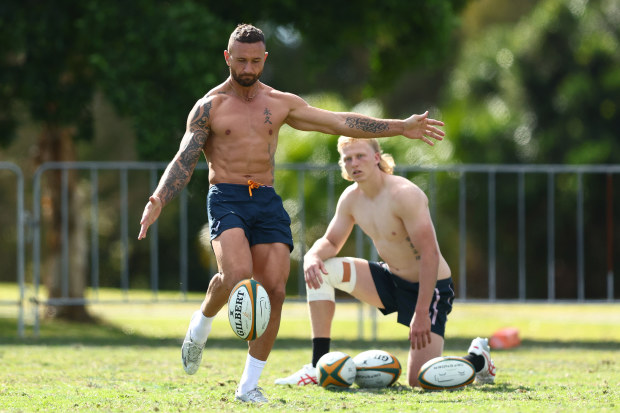 Quade Cooper (left) and Carter Gordon during a Wallabies training session.