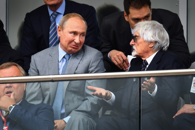Russian President Vladimir Putin and longtime F1 boss Bernie Ecclestone at the Russian Grand Prix in 2018.