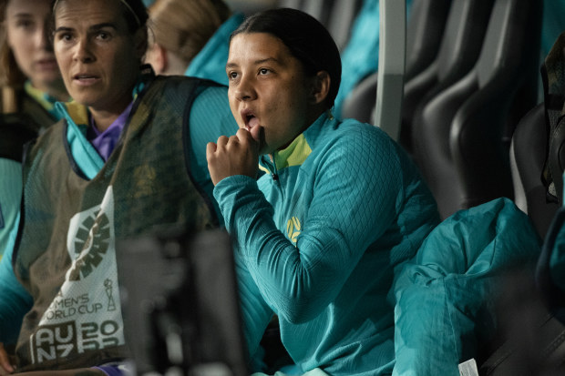 MELBOURNE, AUSTRALIA - JULY 31: Sam Kerr of Australia on the bench during the FIFA Women's World Cup Australia & New Zealand 2023 Group B match between Canada and Australia at Melbourne Rectangular Stadium on July 31, 2023 in Melbourne, Australia. (Photo by Joe Prior/Visionhaus via Getty Images) ***Local Caption*** Sam Kerr