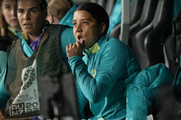 MELBOURNE, AUSTRALIA - JULY 31: Sam Kerr of Australia on the bench during the FIFA Women's World Cup Australia & New Zealand 2023 Group B match between Canada and Australia at Melbourne Rectangular Stadium on July 31, 2023 in Melbourne, Australia. (Photo by Joe Prior/Visionhaus via Getty Images) ***Local Caption*** Sam Kerr