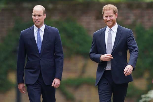 LONDON, ENGLAND - JULY 01: Prince William, Duke of Cambridge (left) and Prince Harry, Duke of Sussex arrive for the unveiling of a statue they commissioned of their mother Diana, Princess of Wales, in the Sunken Garden at Kensington Palace, on what would have been her 60th birthday on July 1, 2021 in London, England. Today would have been the 60th birthday of Princess Diana, who died in 1997. At a ceremony here today, her sons Prince William and Prince Harry, the Duke of Cambridge and the Duke o