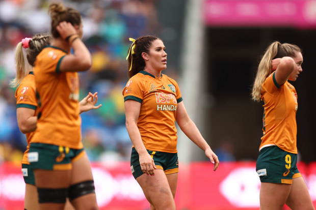 Australia leave the field after their defeat during the 2023 Sydney Sevens.