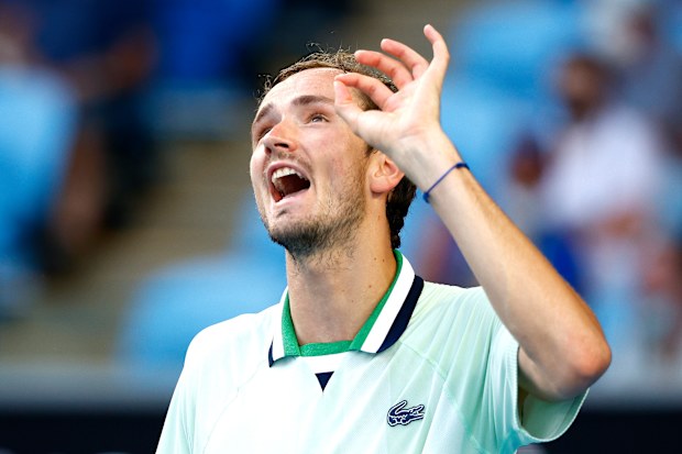 Daniil Medvedev of Russia reacts during his fourth round singles match against Maxime Cressy of the United States.