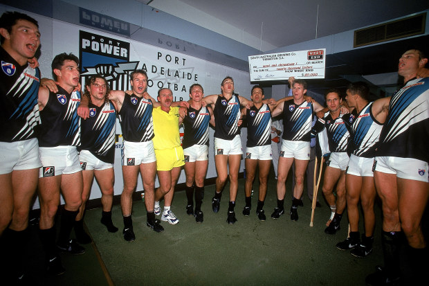 ADELAIDE, AUSTRALIA - APRIL 20:  Port Adelaide Power celebrate after the teams win during the round four AFL match between the Port Adelaide Power and the Adelaide Crows held at Football Park April 20, 1997 in Adelaide, Australia. This was the first match between the two South Australian teams. (Photo by Sean Garnsworthy/Getty Images)