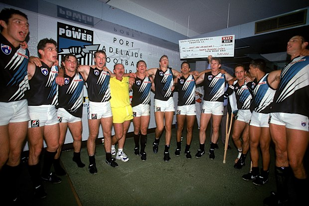 ADELAIDE, AUSTRALIA - APRIL 20:  Port Adelaide Power celebrate after the teams win during the round four AFL match between the Port Adelaide Power and the Adelaide Crows held at Football Park April 20, 1997 in Adelaide, Australia. This was the first match between the two South Australian teams. (Photo by Sean Garnsworthy/Getty Images)
