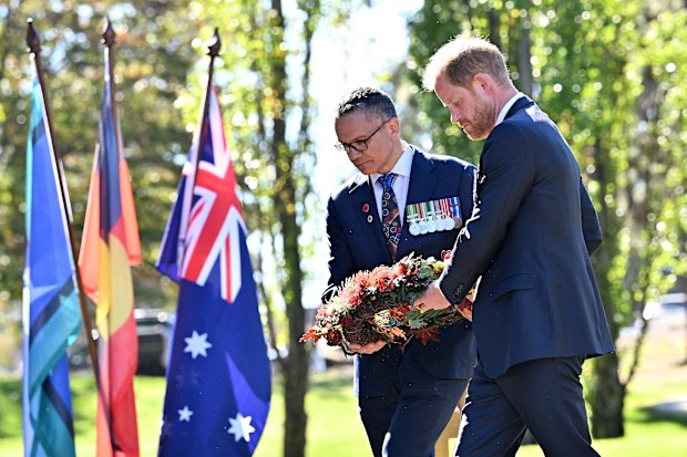 CANBERRA, AUSTRALIA - APRIL 15: Prince Harry, Duke of Sussex and LTCOL Joseph West lay a wreath and participate in a Smoking Ceremony during a visit to The Australian War Memorial on April 15, 2026 in Canberra, Australia. The Duke and Duchess of Sussex are on a four-day visit to Australia, with engagements across Melbourne, Canberra and Sydney. (Photo by Wendell Teodoro/Getty Images)