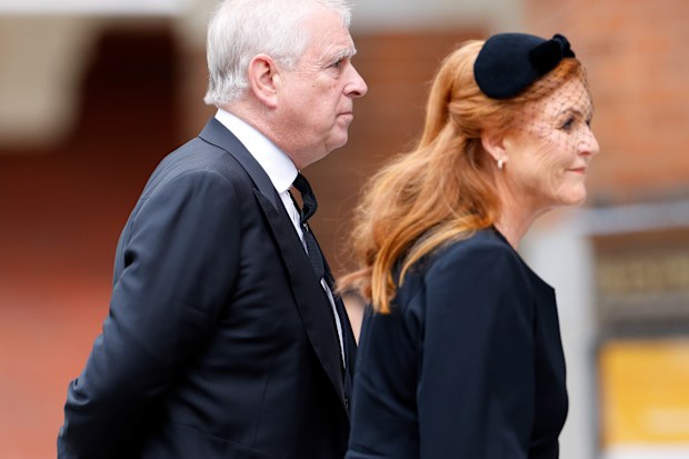 Prince Andrew, Duke of York and Sarah Ferguson, Duchess of York attend Katharine, Duchess of Kent's Requiem Mass service at Westminster Cathedral on September 16, 2025 in London, England. 