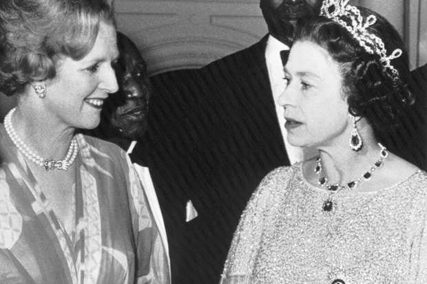 (Original Caption) 8/1/1979-Lusaka, Zambia- British Prime Minister, Margaret Thatcher(left), and Queen Elizabeth, chat at a party for the Heads of State gathered here for the Commonwealth Conference. Looking on in the rear are; Dr. Hasting Banda(left) of Malawi and Arap Moi of Kenya.