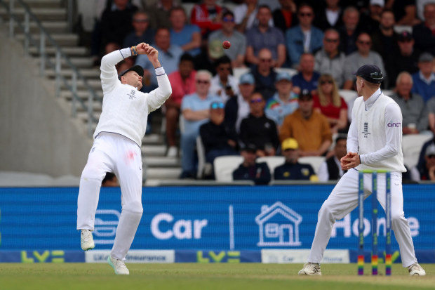 England's Joe Root drops a catch from Australia's Alex Carey off the bowling of Chris Woakes.