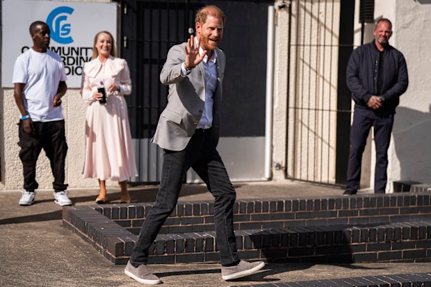 Britain's Prince Harry visits the Community Recording Studio (CRS) for the announcement of a substantial donation to Children in Need to help support their work tackling violence impacting young people, in Nottingham, England, Tuesday Sept. 9, 2025. (Aaron Chown/PA via AP)
